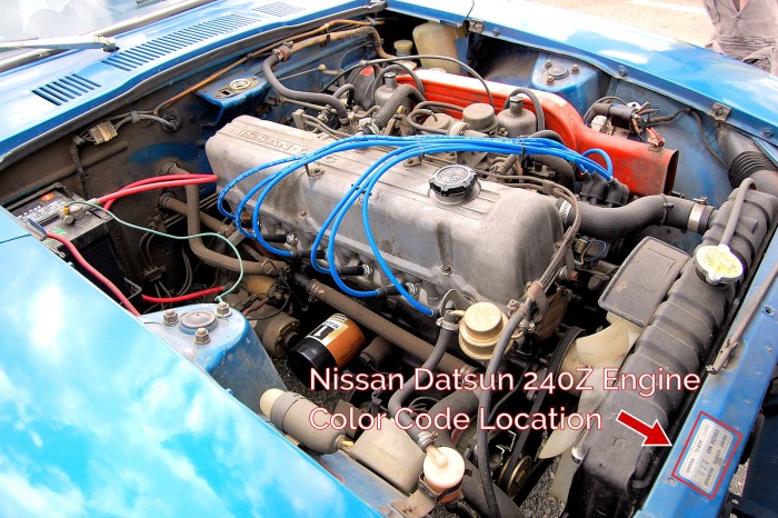 1972 Nissan Datsun 240Z Color Code Sticker Decal in the Engine Area